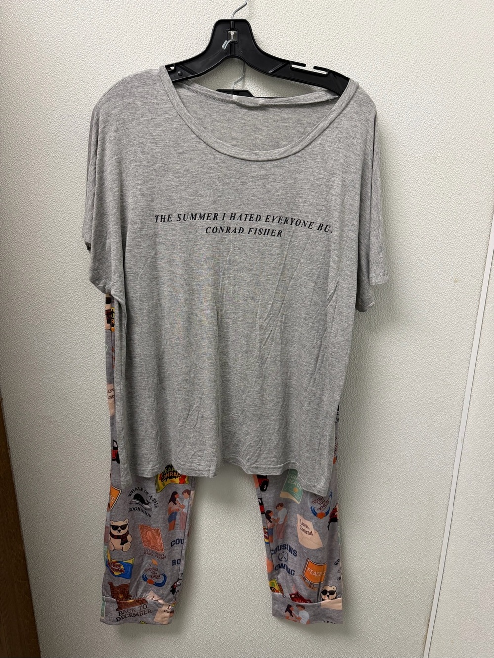 Conner Fisher Grey Graphic Pajama Set with Patterned Pants